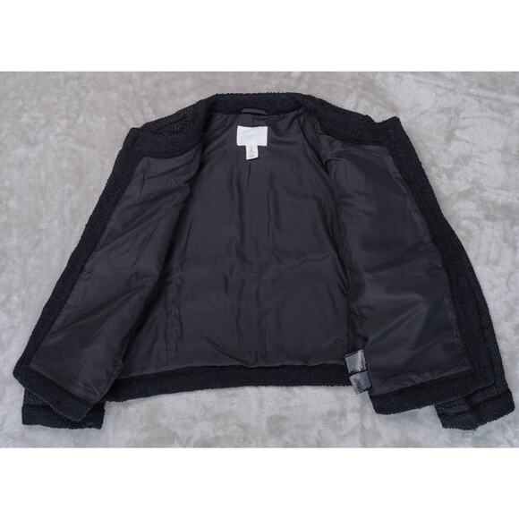 H&M Black Textured Weave Wool Blend Tweed Lined Collarless Jacket Womens Size L - Picture 3 of 16